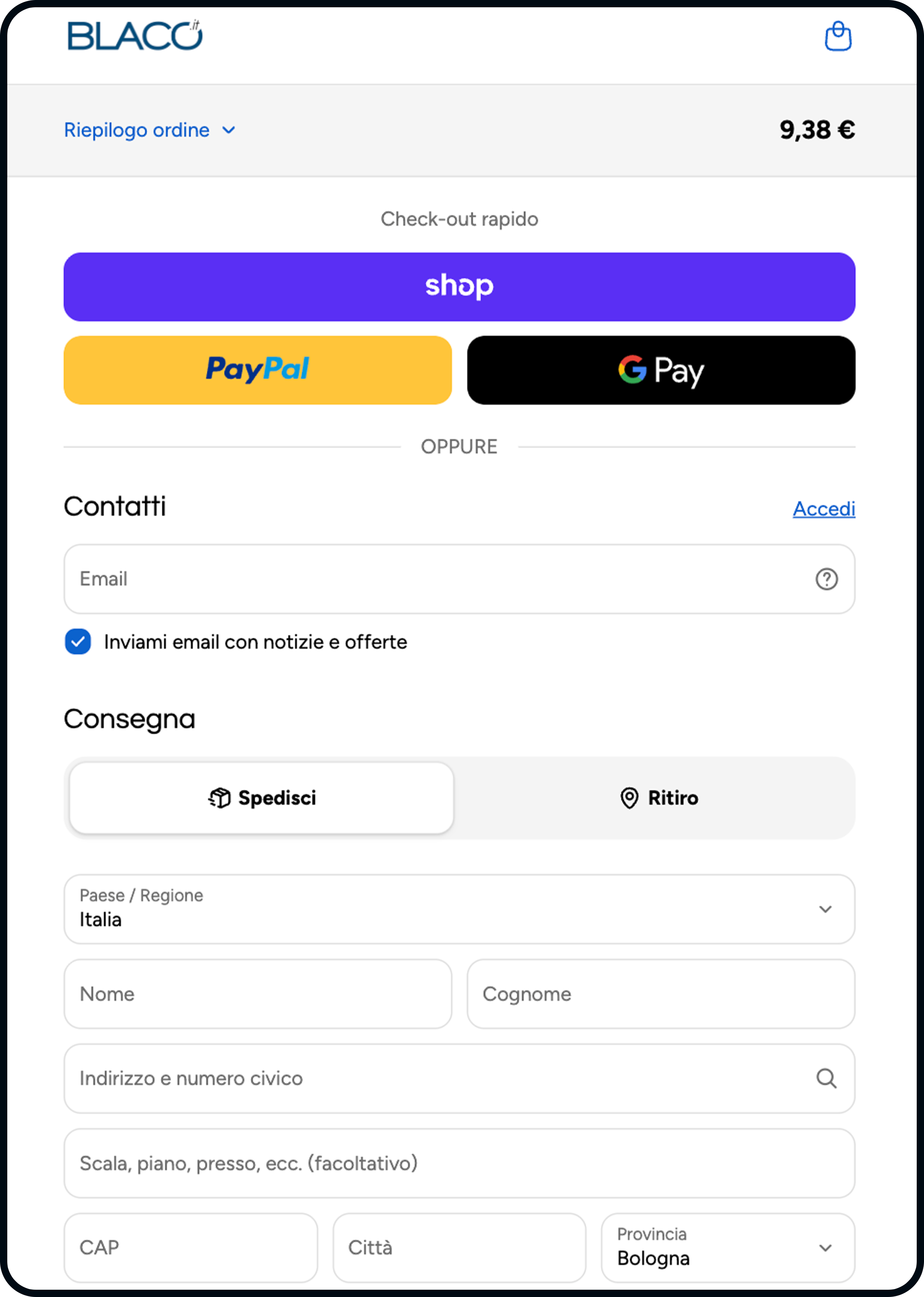 Interfaccia del checkout di Blaco