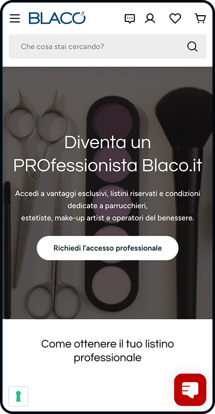 Vista smartphone del sito di Blaco